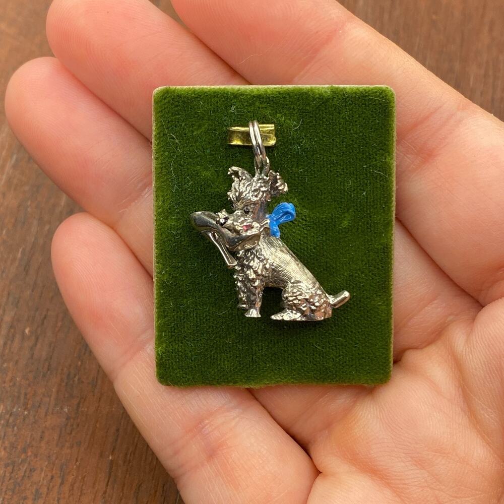 Vintage 925 Sterling Silver Poodle Heel in Mouth Blue Bow Heavy Pendant Charm
